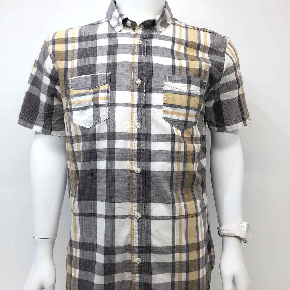 Levi Plaid Gray White Tan Button Up Collar Shirt